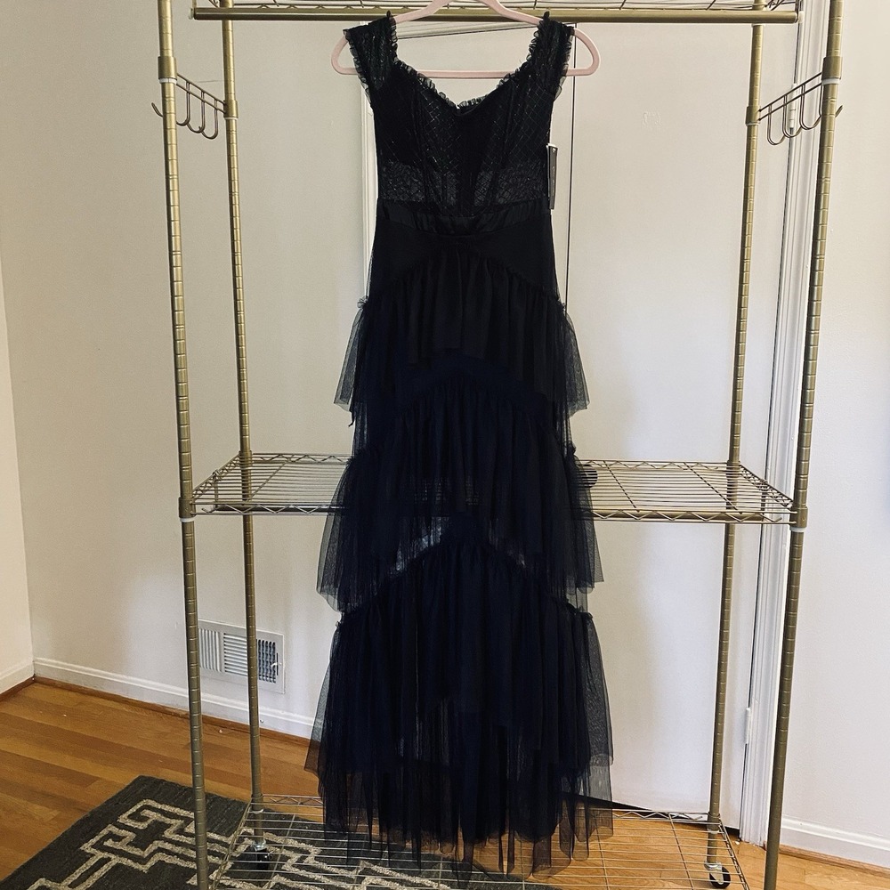 CITY STUDIOS Gown Juniors Sz 0 Black Mesh Off the Shoulder Tiered‎ Witchy NWT